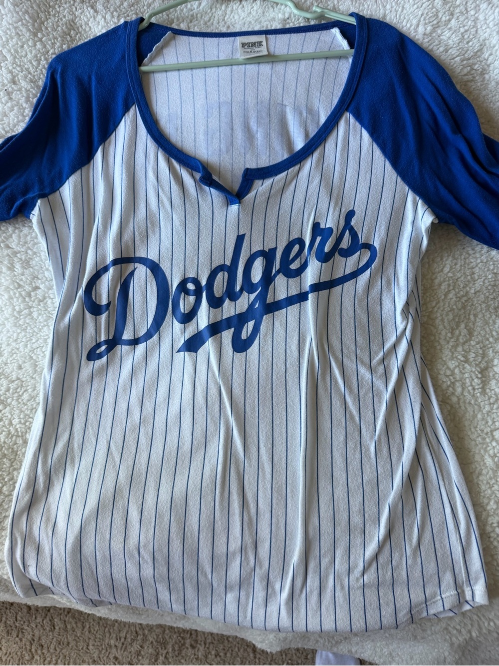 PINK Victoria's Secret Dodgers White & Blue Pinstripe Raglan Tee